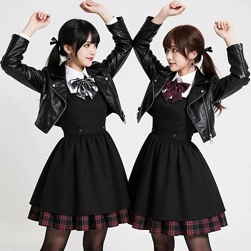 Photograph of two Japanese schoolgirls with black leather jackets, white shirts, black skirts, and plaid underskirts, raising their arms cheerfully
