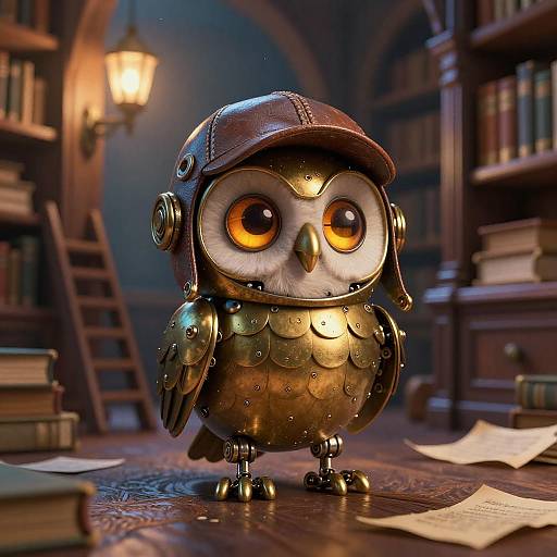 Mechanical Owl with Aviator Cap in Antique Library