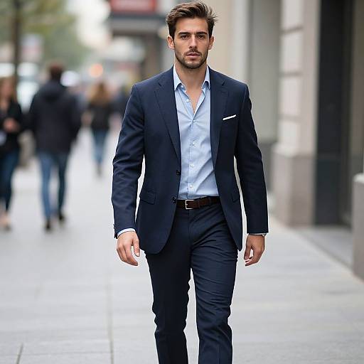 Photograph of a handsome, bearded man in a dark navy suit, light blue shirt, walking confidently down a blurry city street.