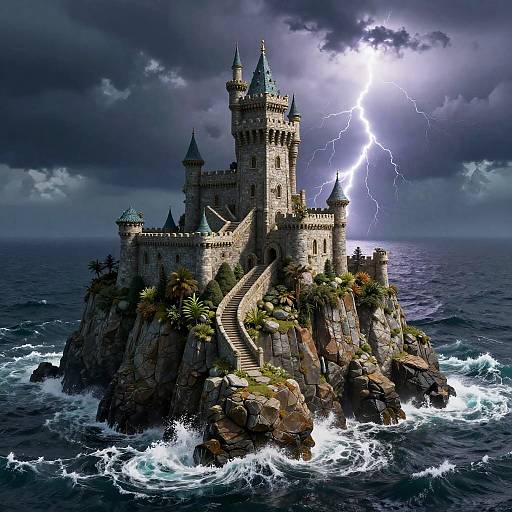 Fantasy castle on rocky island with stormy sky, lightning bolt, ocean waves, and greenery, under dramatic, dark clouds. Digital artwork.