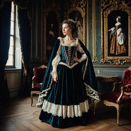 Woman in Renaissance Velvet Dress in Baroque Palace