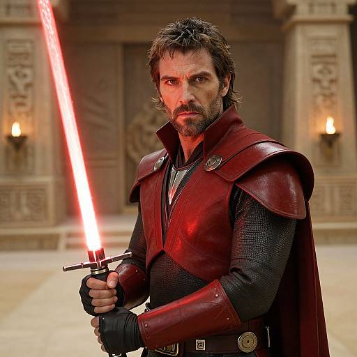 Photorealistic CGI of a bearded man with dark hair holding a glowing red lightsaber, wearing red leather armor, standing in a grand, warmly