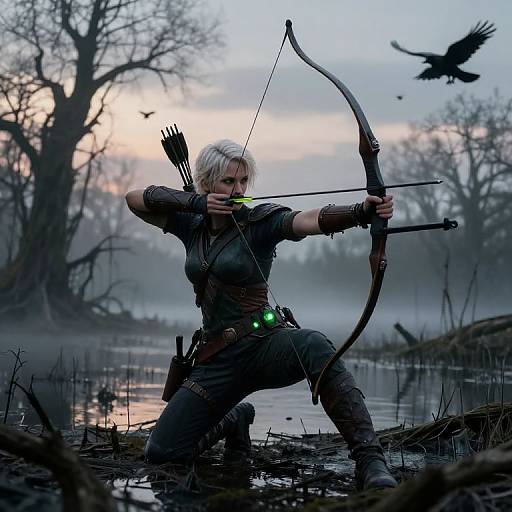 Digital artwork of a white-haired archer with green glowing arrow, aiming at flying crow in misty, twilight swamp. Kneeling by water's