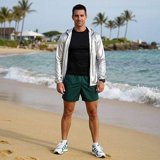 Photograph of a muscular, tan-skinned man with short dark hair, wearing a silver jacket, black shirt, green shorts, and white sneakers,
