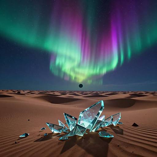 Photograph of vibrant aurora borealis over a desert with glowing, crystalline ice formations scattered on sand dunes under a starry night sky.