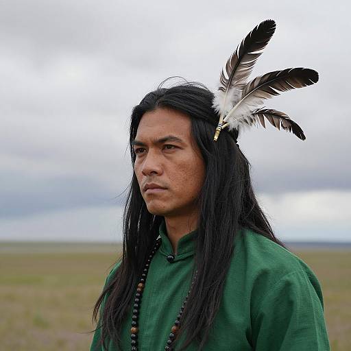 Serious Man with Feathers in Landscape