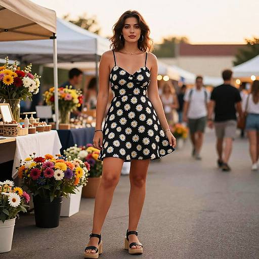 Photograph of a young woman with wavy brown hair in a black and white daisy-print dress, standing in a bustling outdoor flower market, surrounded
