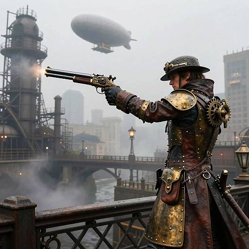 Steampunk Gunslinger in Industrial Fog