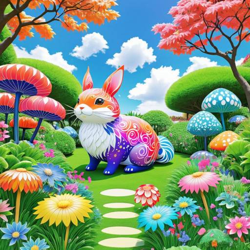 Colorful Fantasy Rabbit in Vibrant Garden