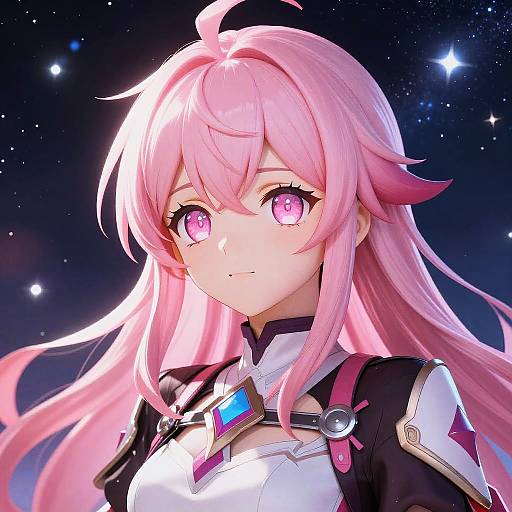 Digital anime-style portrait of a pink-haired girl with glowing pink eyes, wearing a futuristic white and black outfit, against a starry night sky background.