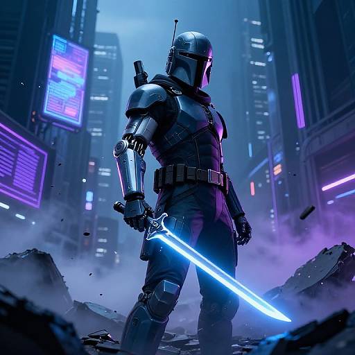 CGI sci-fi image of a armored stormtrooper wielding a glowing blue lightsaber, standing in a smoky, neon-lit, futuristic city