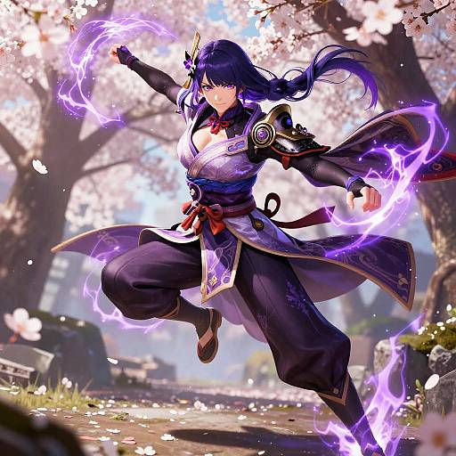 Digital anime artwork of a purple-haired warrior woman in traditional black and white attire, surrounded by purple lightning, jumping in a cherry blossom-filled path.