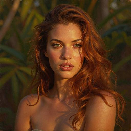 Photograph of a beautiful, topless woman with long, wavy auburn hair, freckles, and green eyes, set against a