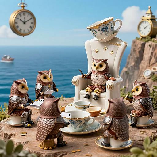 Photograph of five owl figurines in medieval armor, sitting on a cliffside table with teacups, a clock, and ocean backdrop.