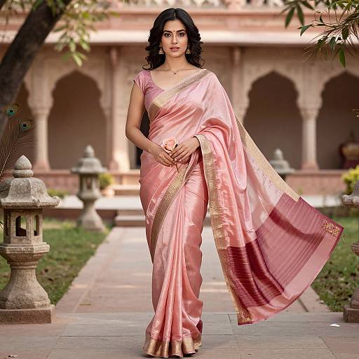 Photograph of an Indian woman with dark hair in a pink silk sari with gold trim, standing confidently in a sunlit courtyard with stone lanterns