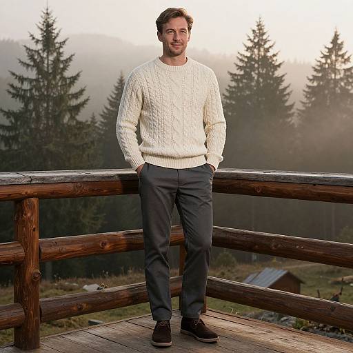 Photograph of a smiling man with short brown hair, wearing a white knit sweater, dark pants, and brown shoes, standing on a wooden deck with