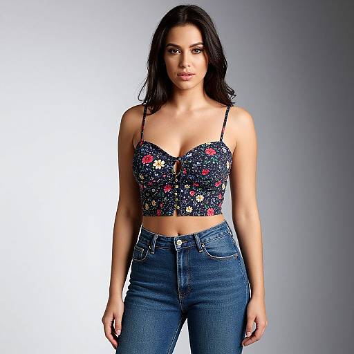 Photograph of a young woman with long black hair, wearing a floral spaghetti strap crop top and high-waisted blue jeans, standing against a gradient