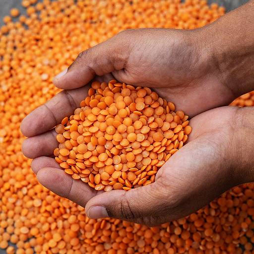 Close-Up of Hands Holding Orange Lentils