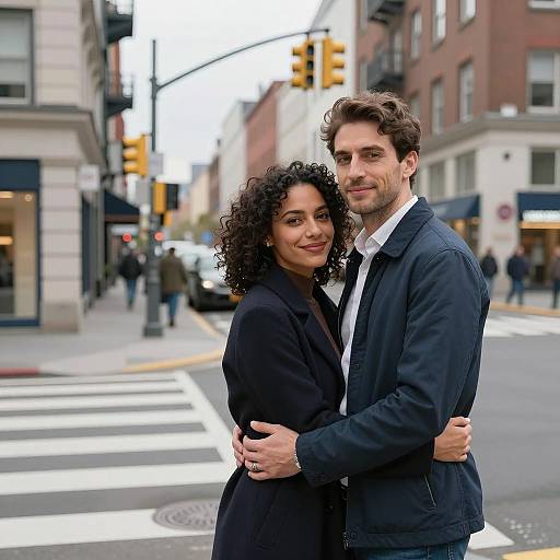 Urban Couple's Embrace on Street Corner