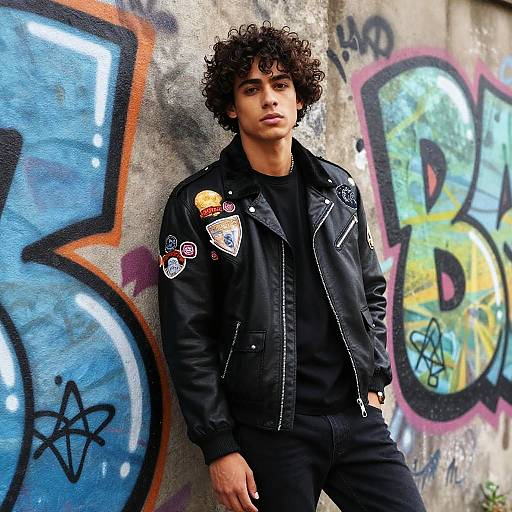Young Man in Leather Jacket by Graffiti Wall