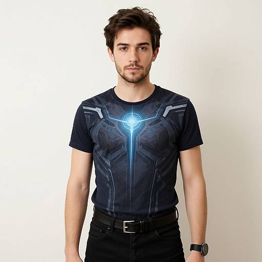 Photograph of a young, handsome man with short brown hair, light skin, and a trimmed beard, wearing a black Iron Man-inspired shirt with a