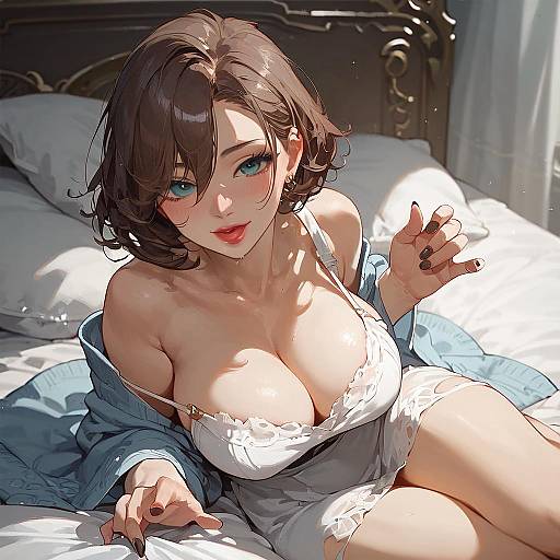 Anime Girl with Brown Hair and Green Eyes in White Lingerie