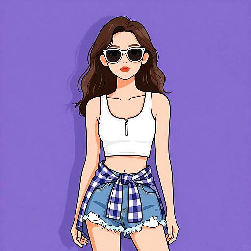 Digital illustration of a fair-skinned woman with long brown hair, wearing white sunglasses, red lipstick, a white crop top, blue denim shorts, and