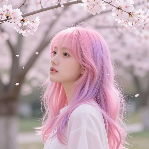 Photograph of an Asian woman with long, pastel pink and purple hair, wearing a white shirt, standing under blooming cherry blossoms. Soft