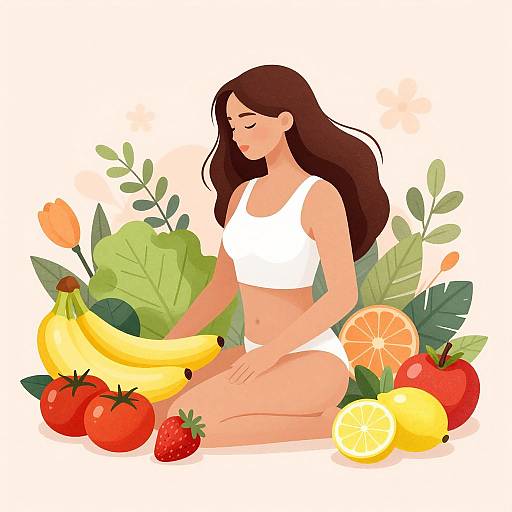 Digital illustration of a brown-haired woman in white sports bra and panties, meditating, surrounded by colorful fruits and vegetables.