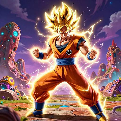 Digital art of Super Saiyan Goku glowing with electricity, standing in a vibrant, sci-fi landscape with colorful, futuristic structures.