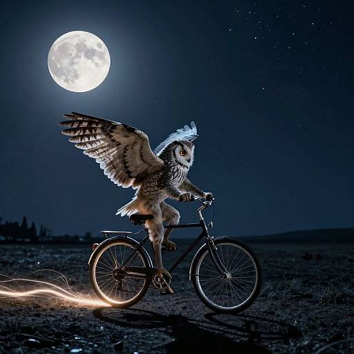 Photograph-style CGI: Owlet with large wings riding a bicycle under a bright full moon, illuminated by tail lights, in a dark, starry