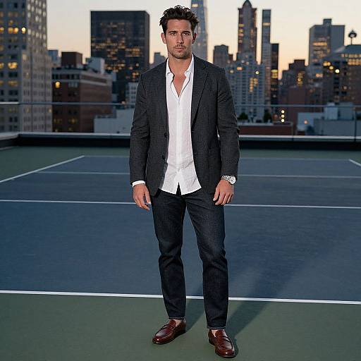 Photograph of a handsome man with dark curly hair, wearing a black pinstripe suit, white shirt, and red shoes, standing on a rooftop