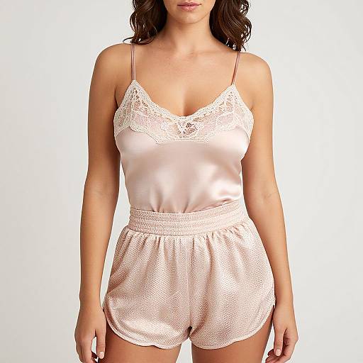 Photograph of a woman in a pale pink, lace-trimmed camisole and matching high-waisted shorts, standing against a plain white