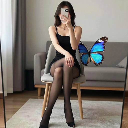 Woman Taking Selfie with Blue Butterfly