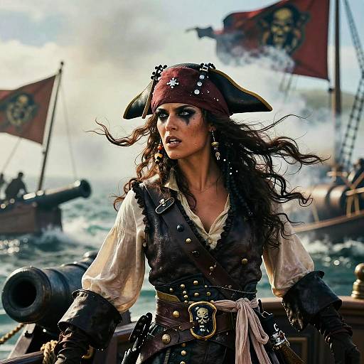 Photorealistic digital art of a fierce female pirate with long curly hair, wearing a tricorn hat, brown vest, and white shirt, standing on