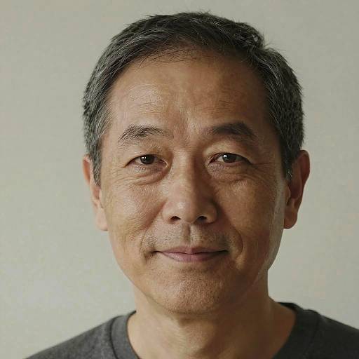 Photograph of a middle-aged Asian man with short black hair, light brown skin, wearing a dark gray shirt, smiling softly against a plain, light