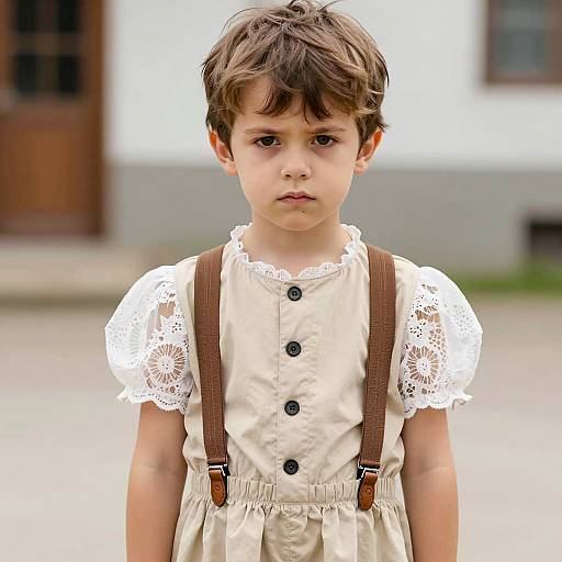 Serious Young Boy in Beige Dress with Suspenders