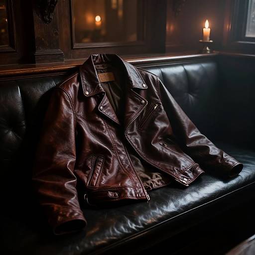 Photograph of a dark brown leather jacket draped over a black leather couch, lit by two candles in a dimly lit, wooden-paneled room.