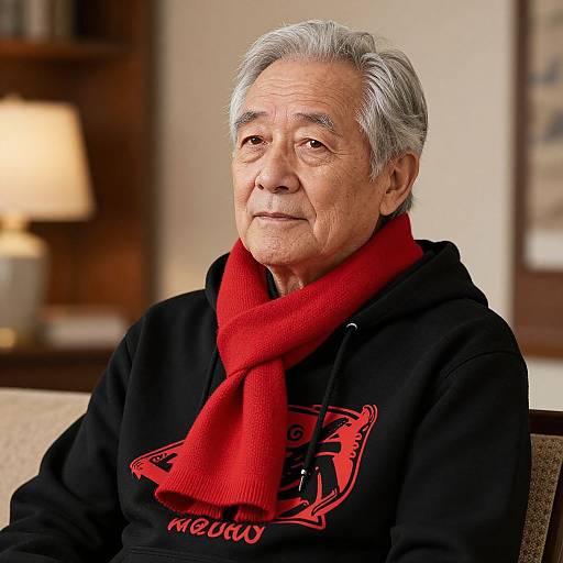 Photograph of an elderly man with gray hair, wearing a black hoodie with red logo and matching red scarf, sitting indoors. Warm, softly lit background
