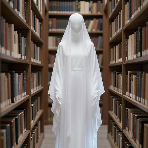 Photograph of a white, faceless ghostly figure in a flowing hooded robe standing between two rows of wooden bookshelves filled with books.