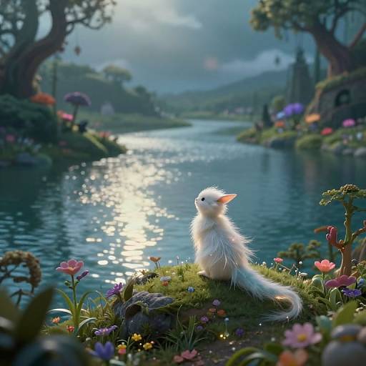 Fantastical digital painting of a fluffy white rabbit-like creature standing on a mossy flower-covered rock by a shimmering, sunlit river in a
