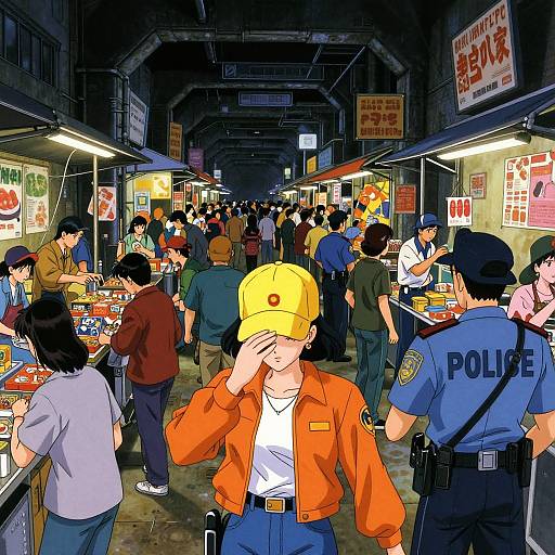 Digital illustration of a bustling, nighttime Japanese market with diverse crowd, including a yellow-hatted man in an orange jacket, police officers, and vendors under