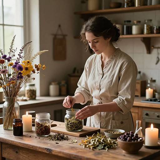 Photograph: Young woman with dark hair in beige blouse, mixing dried herbs in mason jar on wooden kitchen table with candles, flowers, and jars