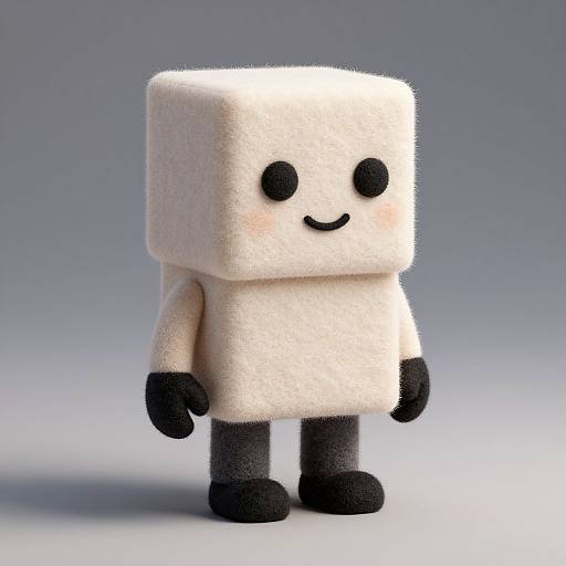 Photograph of a plush, white, cube-shaped character with black eyes, smile, arms, and legs, set against a gradient gray background.