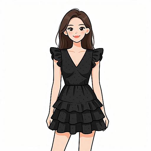 Digital anime-style drawing of a smiling young woman with long brown hair, wearing a black, ruffled, tiered dress against a white background.