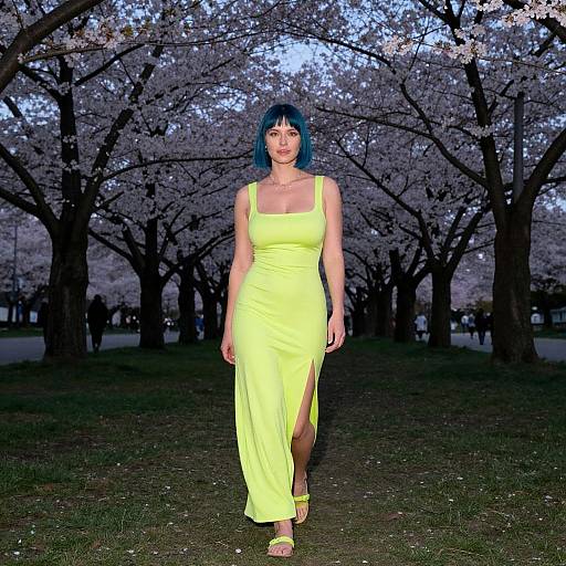 Photograph of a woman with blue hair in a bright yellow, sleeveless, thigh-slitted dress walking through a cherry blossom tree-lined park at dusk