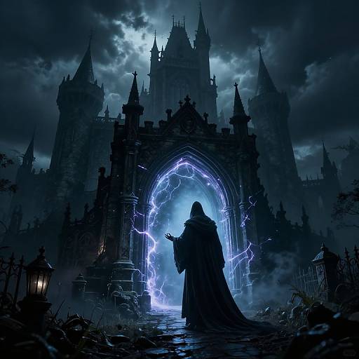Dark fantasy illustration: Silhouetted hooded figure stands in front of a gothic castle, surrounded by glowing blue lightning arching through an orn