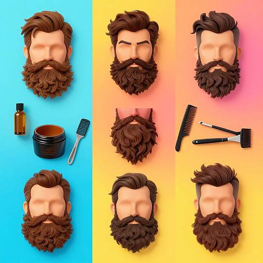 Photograph of six 3D bearded male heads with varying hairstyles, on blue and yellow gradient background, with hairbrush, comb, and hair