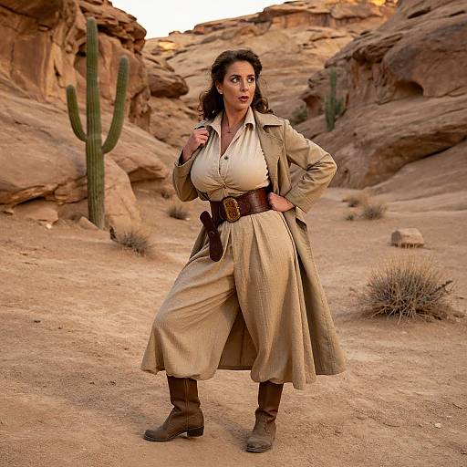 Photograph of a curvy woman with dark hair, wearing a beige trench coat, white blouse, brown belt, and boots, standing confidently in a