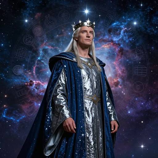 Photograph of a white-haired, fair-skinned king with a silver crown, wearing a shiny blue cape and silver tunic, against a vibrant,